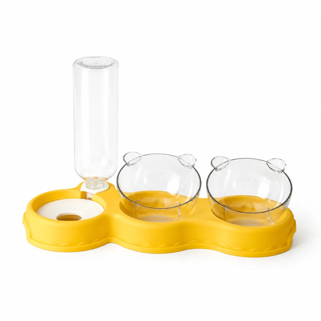 Yellow Petifo automatic cat water dispenser and double food bowl setup against a white background.