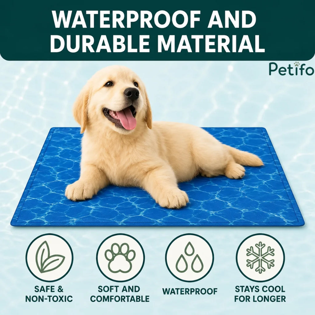 Golden Retriever puppy lying on a waterproof and durable Petifo cooling mat showcasing its core benefits.