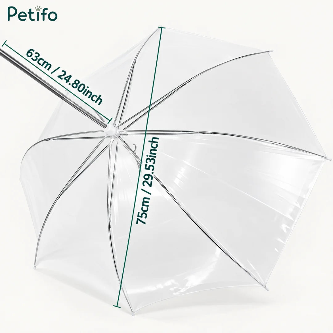 An angle view of the opened clear waterproof dog umbrella highlighting its canopy depth and width measurements.