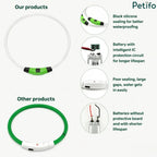 Comparison chart highlighting the waterproof sealing and IC protection circuit features of the LED dog collar.