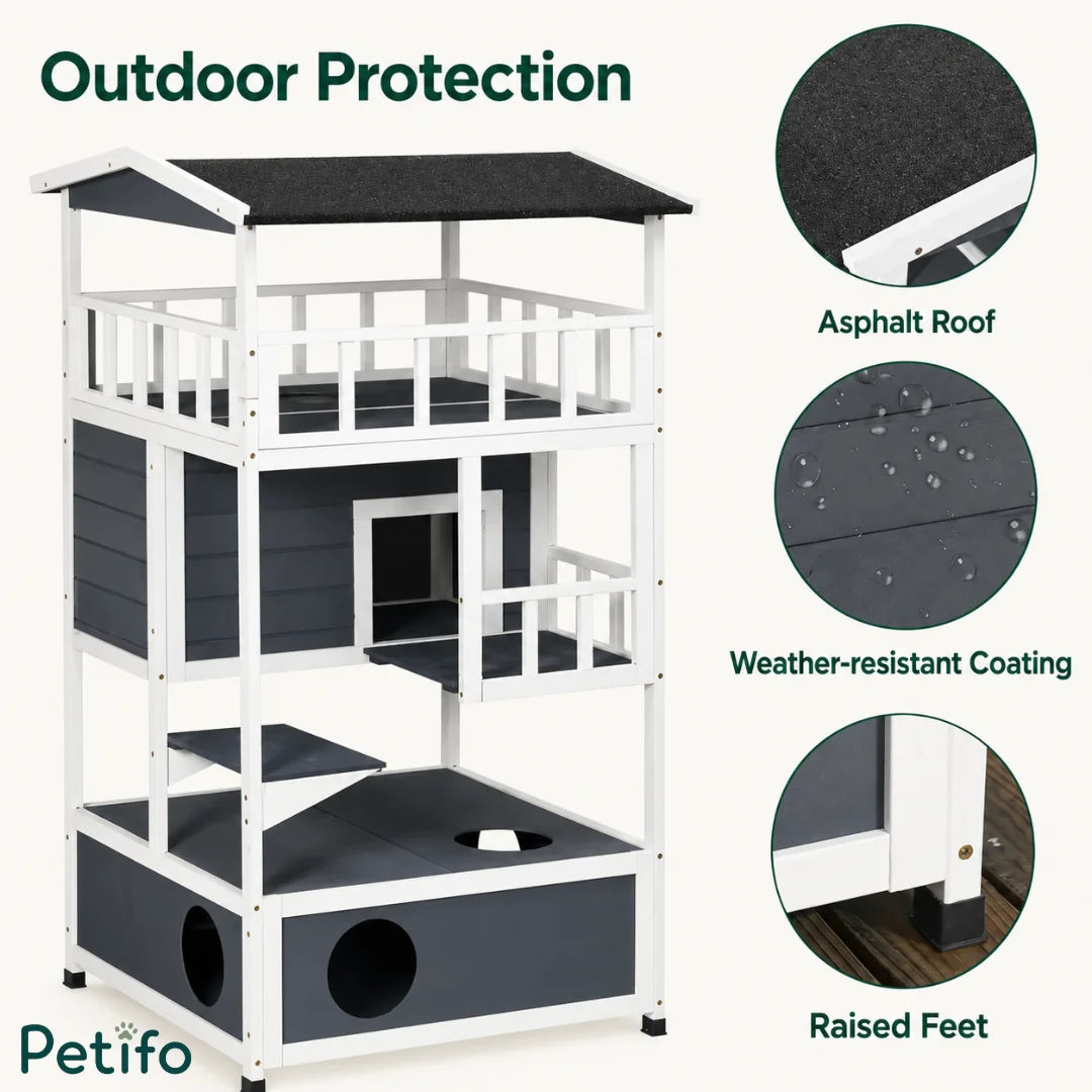 Outdoor protection features of the wooden cat house including an asphalt roof, weather-resistant coating, and raised feet.