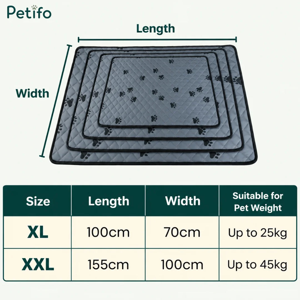 Sizing chart showing dimensions and weight recommendations for extra-large and double extra-large waterproof pet training pads.
