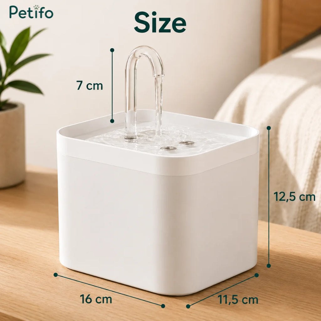 White Petifo cat water fountain with precise dimension measurements of 16 cm length, 11.5 cm width, 12.5 cm height, and a 7 cm water spout.