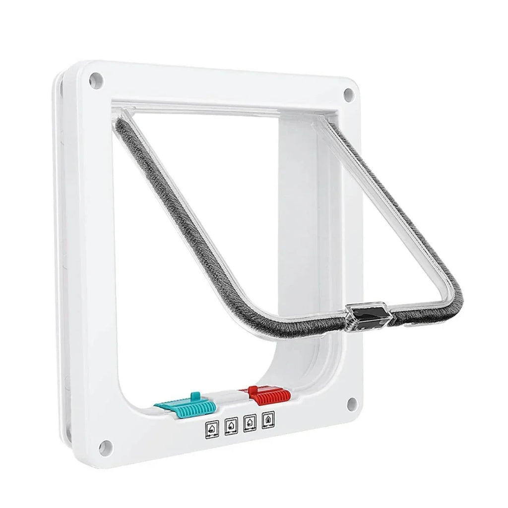 White 4-way locking cat flap door shown angled against a clean background with an open transparent swing panel.