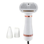 Front view of the white and rose-gold multi-functional pet grooming dryer standing upright next to two interchangeable attachment nozzles.