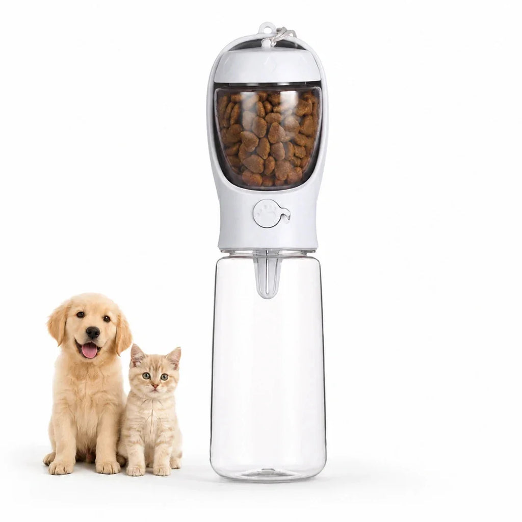 White variant of the Petifo portable 2-in-1 pet bottle displayed with pets for scale.