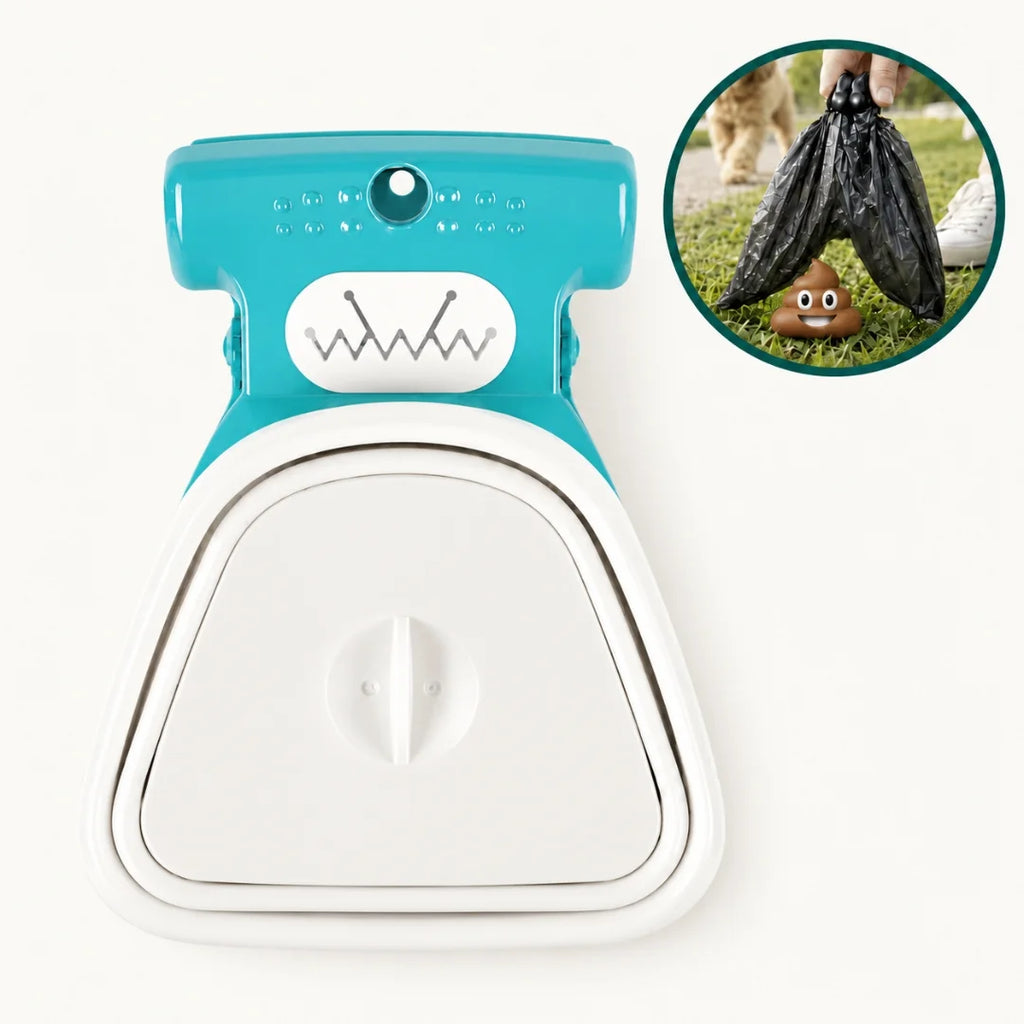 Clean product view of the turquoise and white foldable poop scooper.