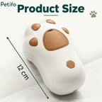 Product size graphic indicating a length of 12 cm for the white and brown paw-shaped pet grooming brush.