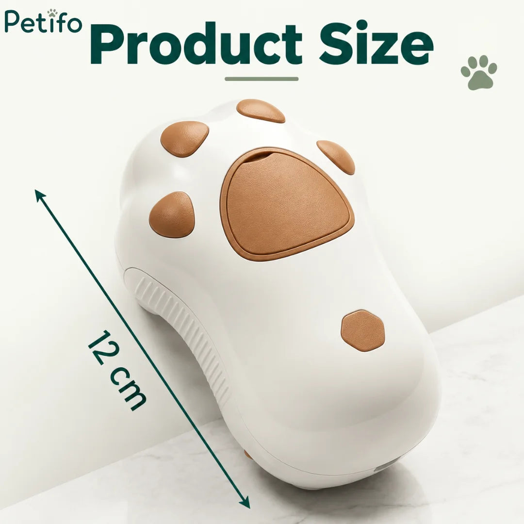 Product size graphic indicating a length of 12 cm for the white and brown paw-shaped pet grooming brush.