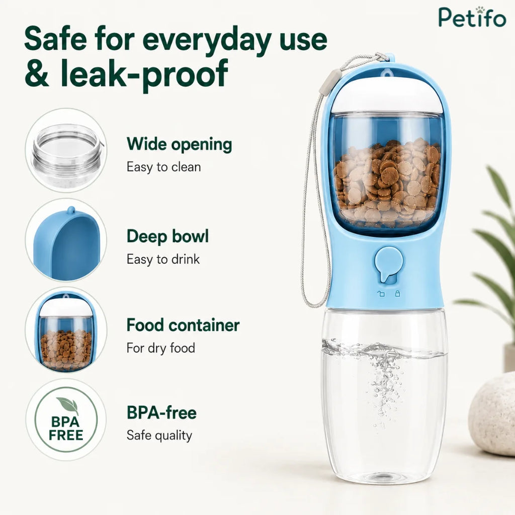 Infographic detailing key features of the Petifo bottle including its wide opening, deep bowl, food container, and BPA-free construction.