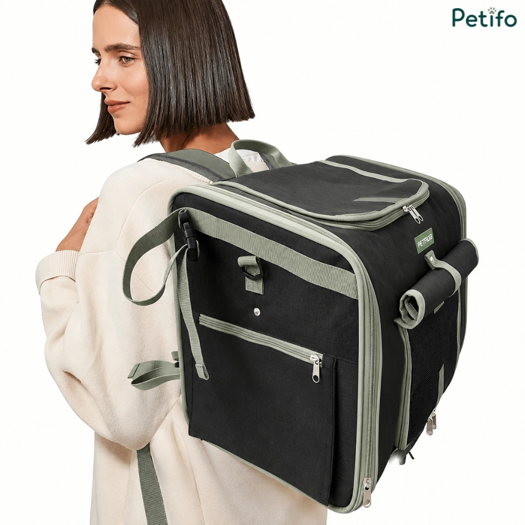 Woman wearing the versatile Petfuled pet bag comfortably as a backpack.