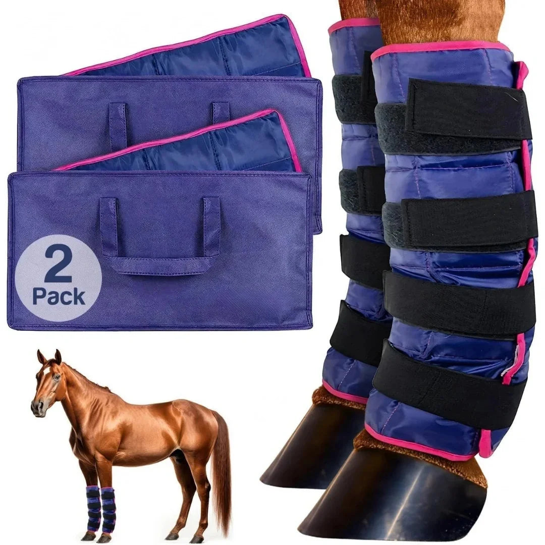 Blue and pink horse ice wraps 2-pack shown alongside a horse wearing the leg boots.