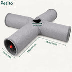 Measurement layout displaying the dimensions of an X-shaped grey cat tunnel.