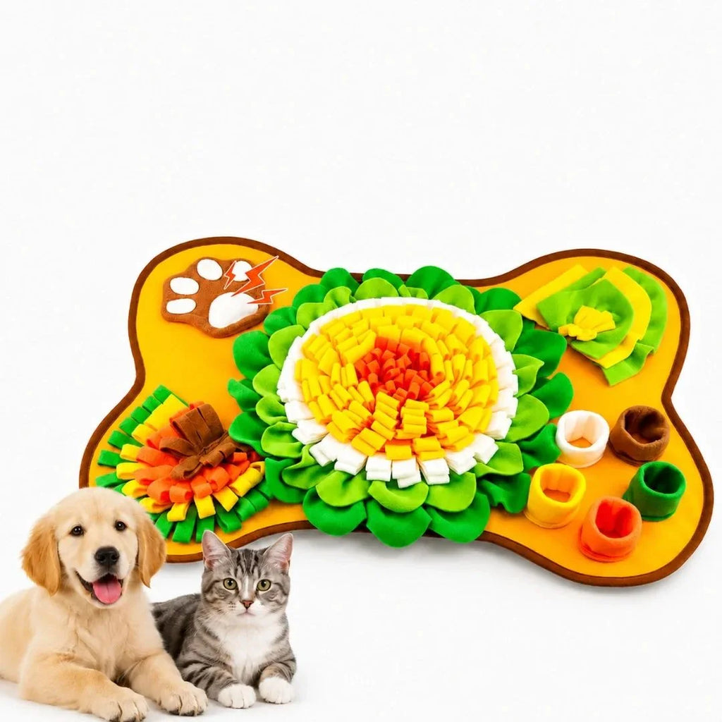 Yellow interactive dog snuffle mat featuring floral foraging elements, alongside a puppy and a cat.