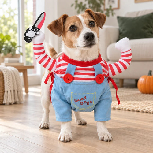 Creepy Doll Pet Costume worn by a dog in a living room