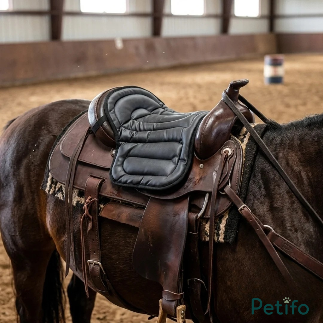 Black quilted saddle seat cushion installed on a western-style horse saddle.