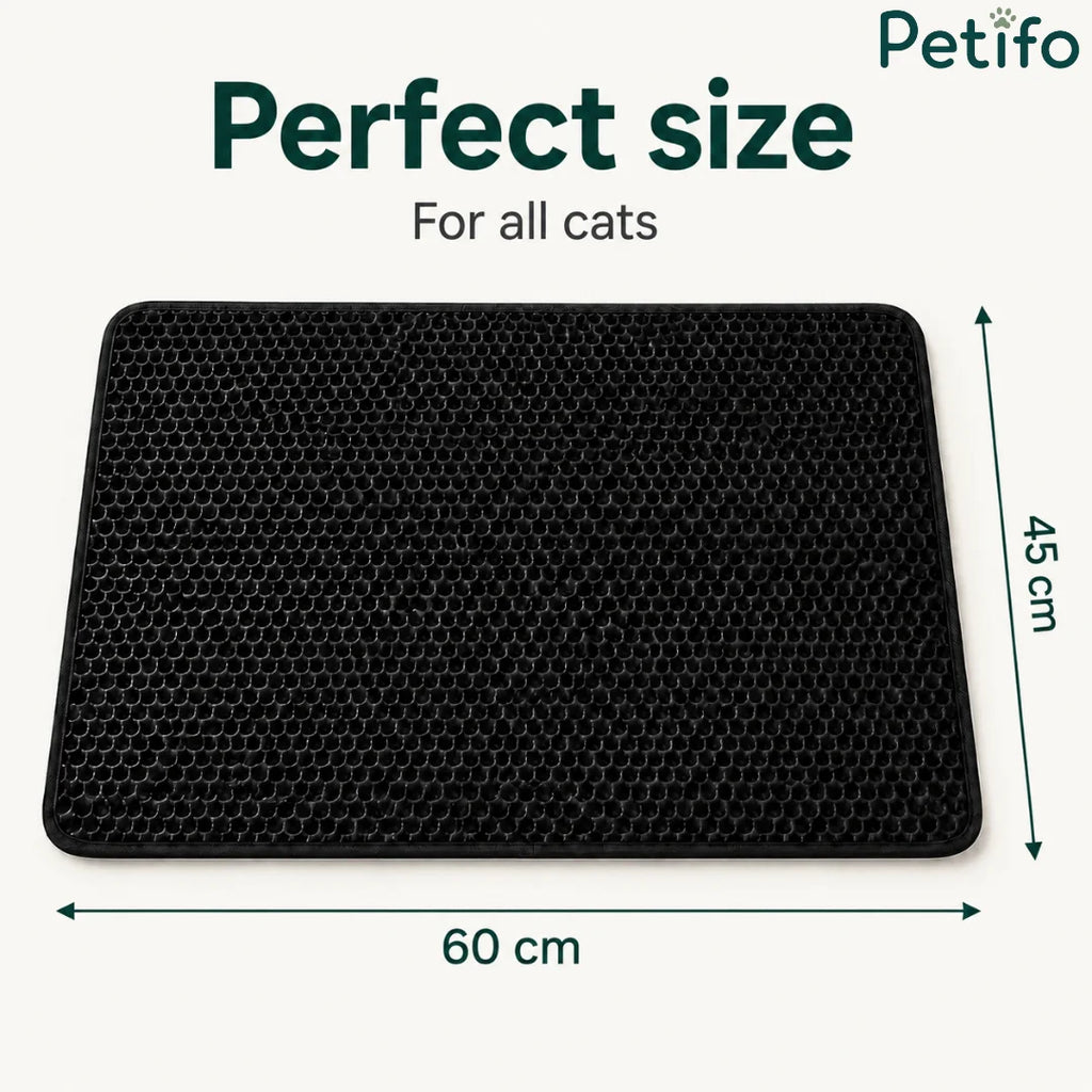 Petifo black cat litter mat dimension guide showing 60 cm width and 45 cm length