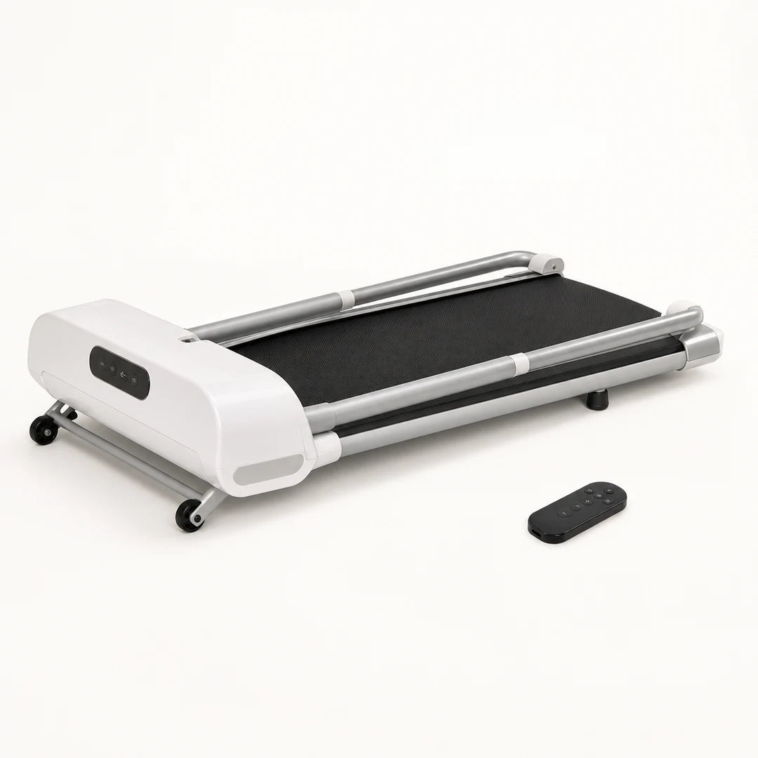 Foldable dog treadmill stored in its compact position