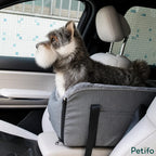 Schnauzer dog sitting comfortably in Petifo console car seat while traveling in vehicle