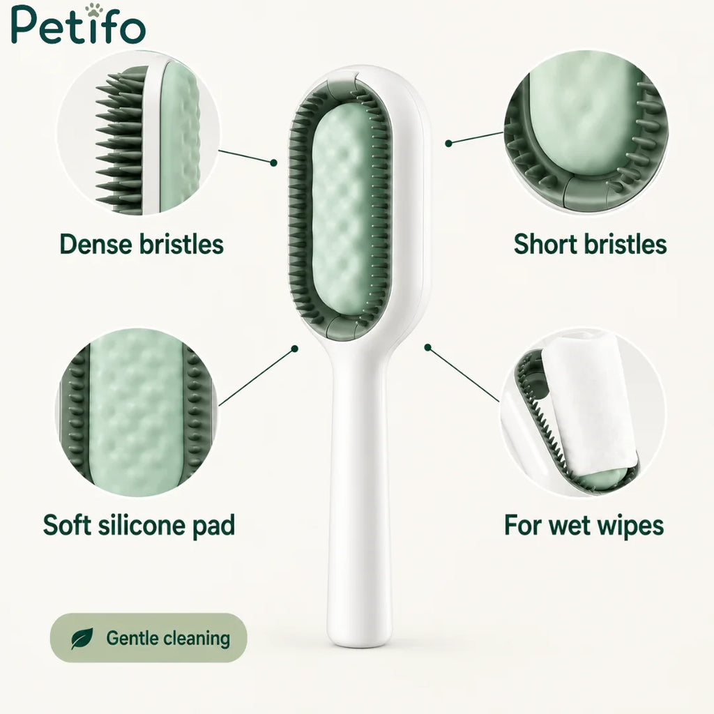 Petifo pet brush feature diagram highlighting dense 0.5 mm bristles, short bristles, soft silicone pad, and wet wipe slot