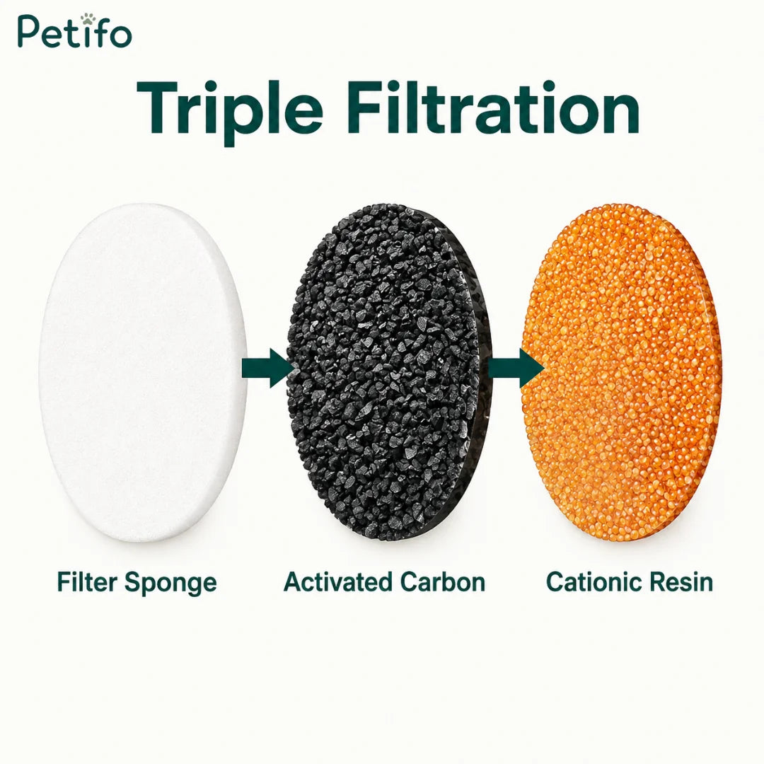 Diagram illustrating triple filtration stages using a filter sponge, activated carbon, and cationic resin.