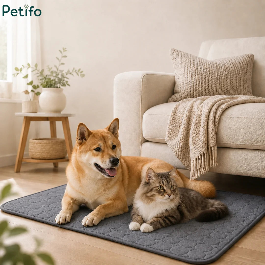 Shiba Inu dog and a fluffy cat resting together on a grey washable pee mat in a cozy living room.