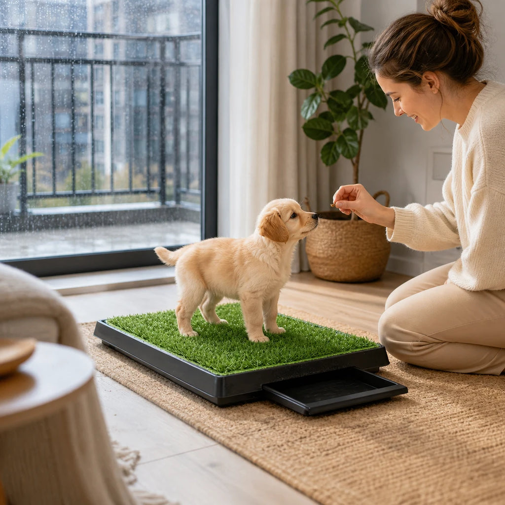 Cachorro a aprender a usar uma sanita de relva no interior