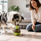 Australian Shepherd playing with green Petifo interactive tumbler treat dispenser next to owner
