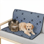 A cute puppy and tabby cat resting together on a grey quilted waterproof furniture protector mat.