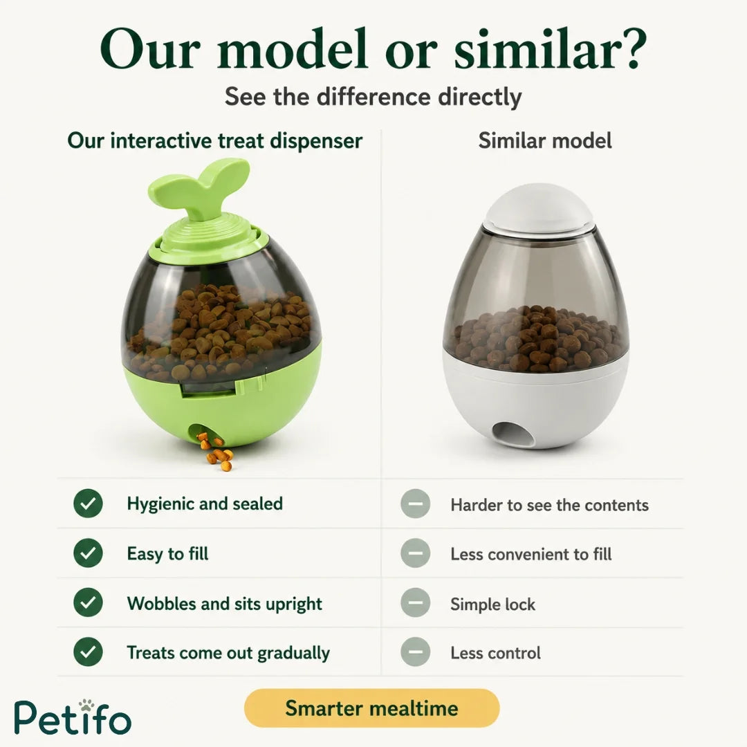 Comparison infographic highlighting features of Petifo interactive treat dispenser versus competitor model