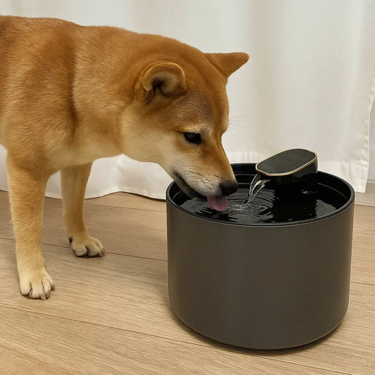 Shiba Inu dricker från modern vattenfontän på trägolv med vit gardin – fotorealistiskt tagen med iPhone 13