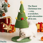 Holiday-themed promotional banner featuring a white cat interacting with a Christmas tree scratcher and gift boxes.
