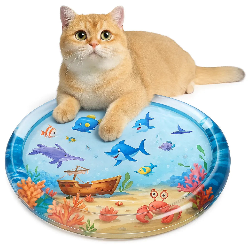 Swedish instruction image showing how to fill a water mat: fill the inner mat with water from the tap and inflate the outer ring with your mouth or a pump – easy to use for summer play or pets.