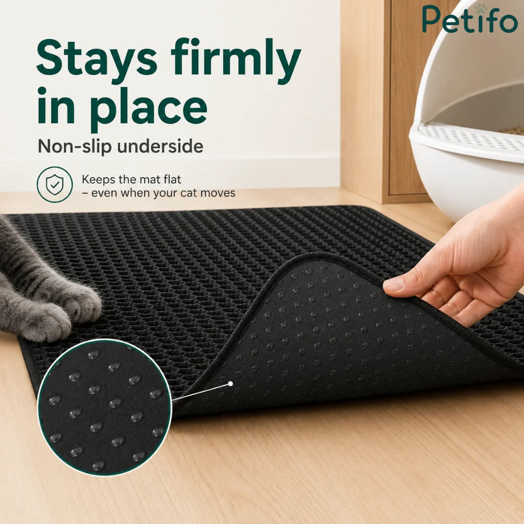 Close-up of non-slip rubberized underside preventing black cat litter mat from sliding on floor