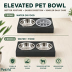 Petifo elevated pet bowl options comparing single slow feeder setup with dual stainless steel bowls