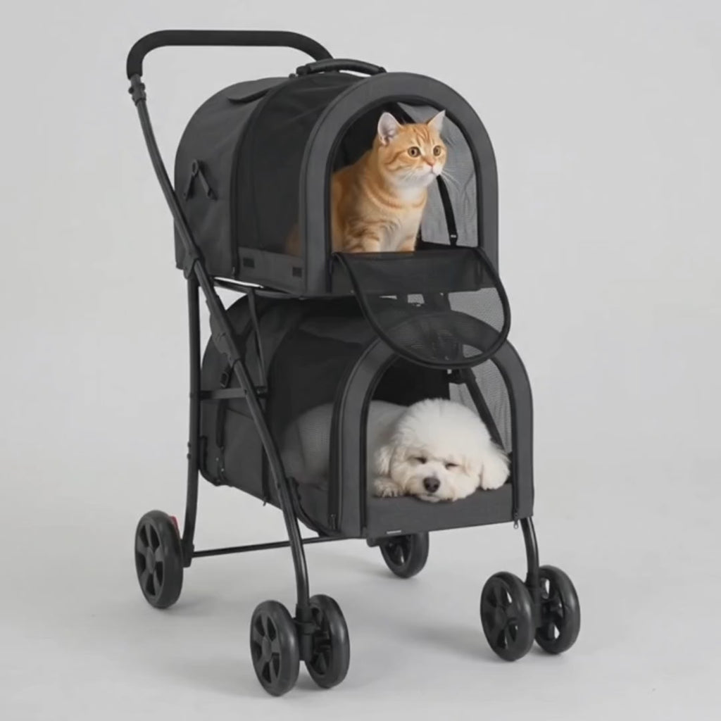 Unfolding the Detixy double pet stroller and settling two pets inside – Petifo