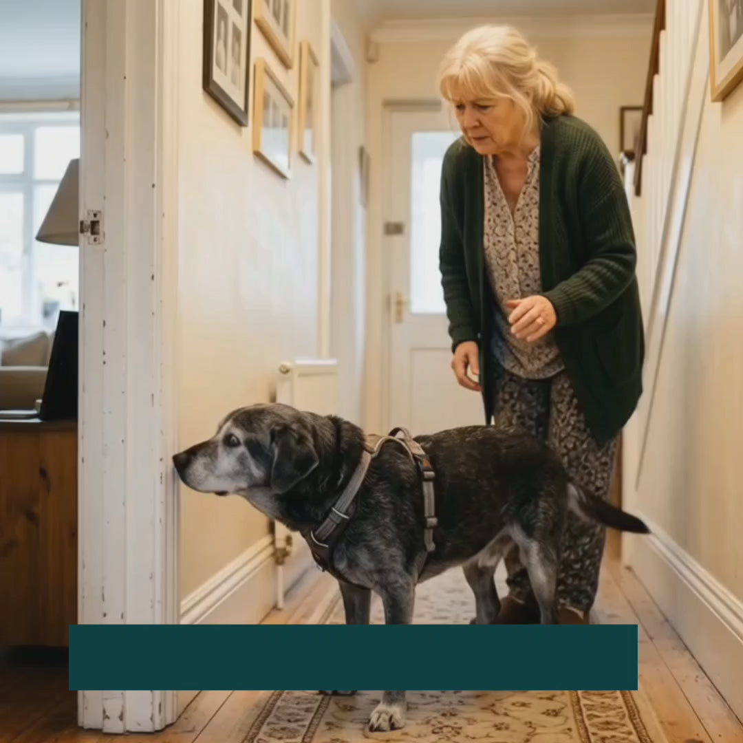 Blind dog walking safely while wearing the DogHalo protective harness – Petifo