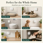 A collage showing the air purifier installed in various locations like bathrooms and shoe cabinets.