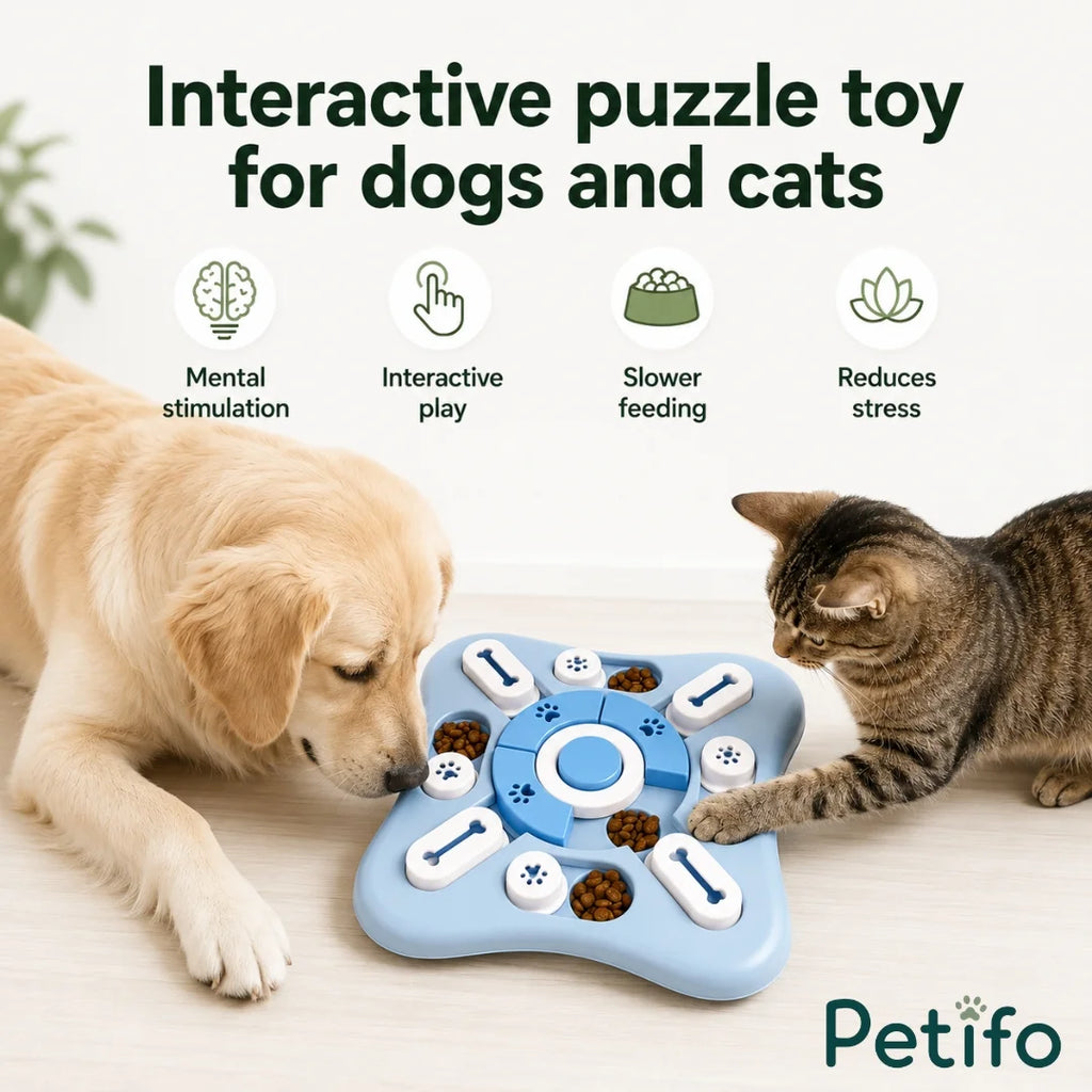 Golden Retriever and tabby cat using Petifo interactive puzzle toy with key benefit icons