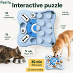 Petifo puzzle toy features diagram showing suction cups, anti-slip pads, and 30-minute feeding time