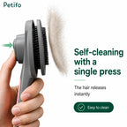 Petifo self-cleaning pet brush demonstrating how hair releases instantly with a single press of the button.