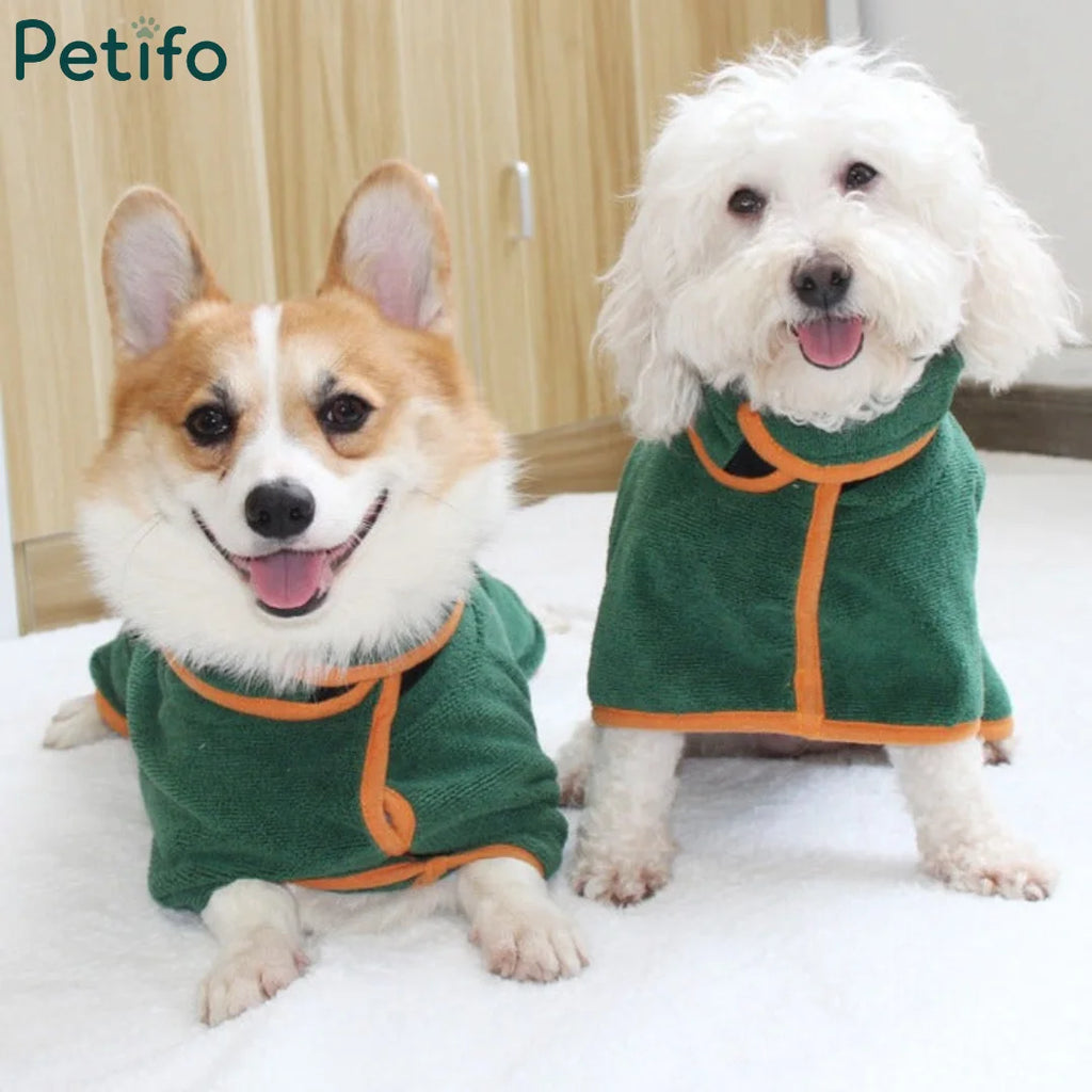 Corgi and small white dog sitting together in green absorbent pet bathrobes