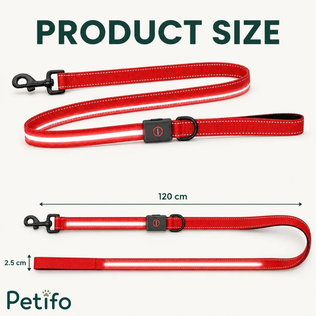 Petifo red LED dog leash size chart showing 120cm length