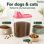 Pet food container displayed with dog food, cat food, and treats bowls suitable for both dogs and cats.