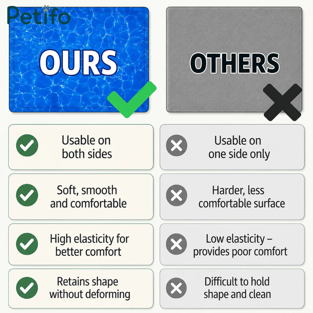Comparison chart highlighting the superior comfort, flexibility, and dual-sided usability of the Petifo cooling mat over standard alternatives.