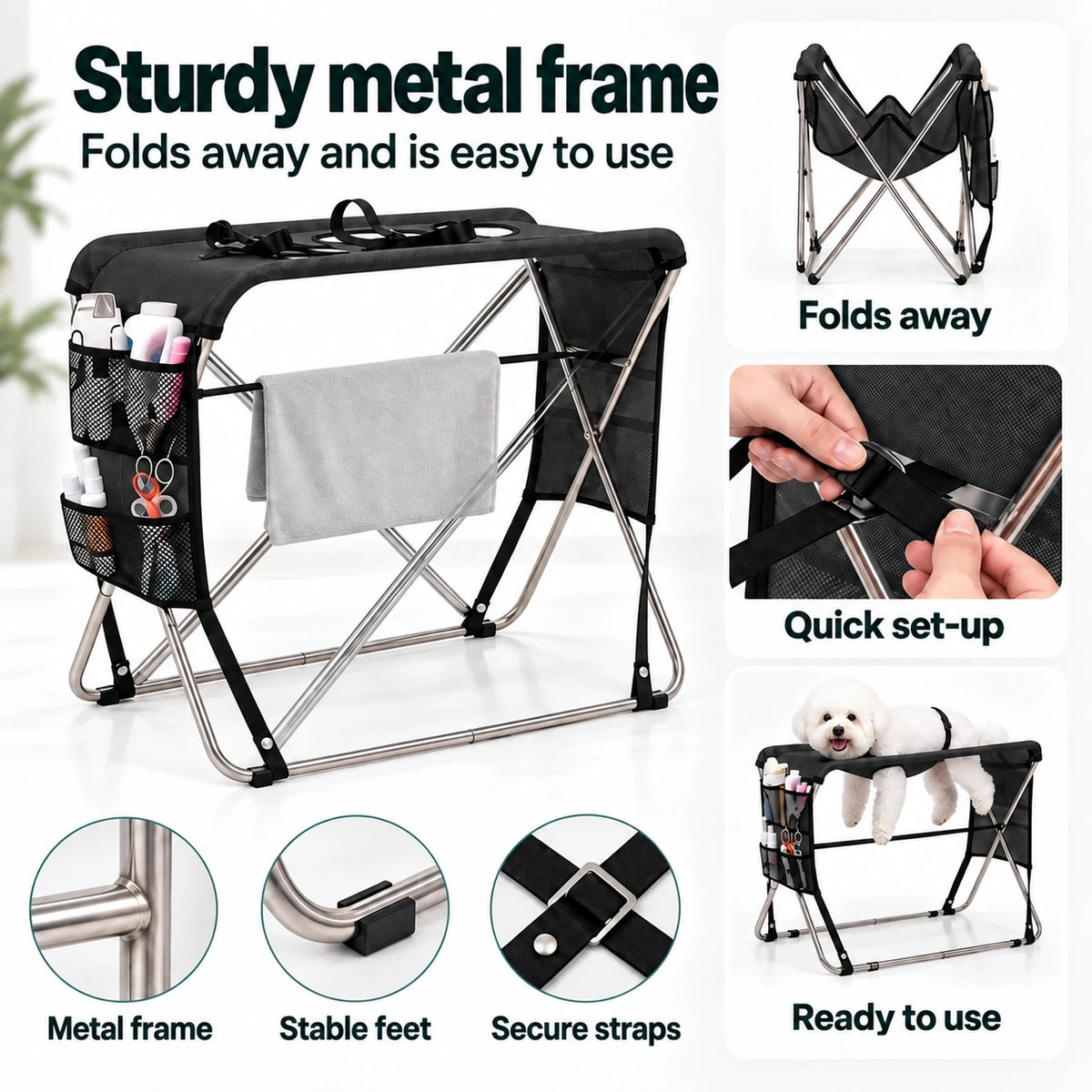 Black TailCare stand showing the folding metal frame, stable feet and secure straps