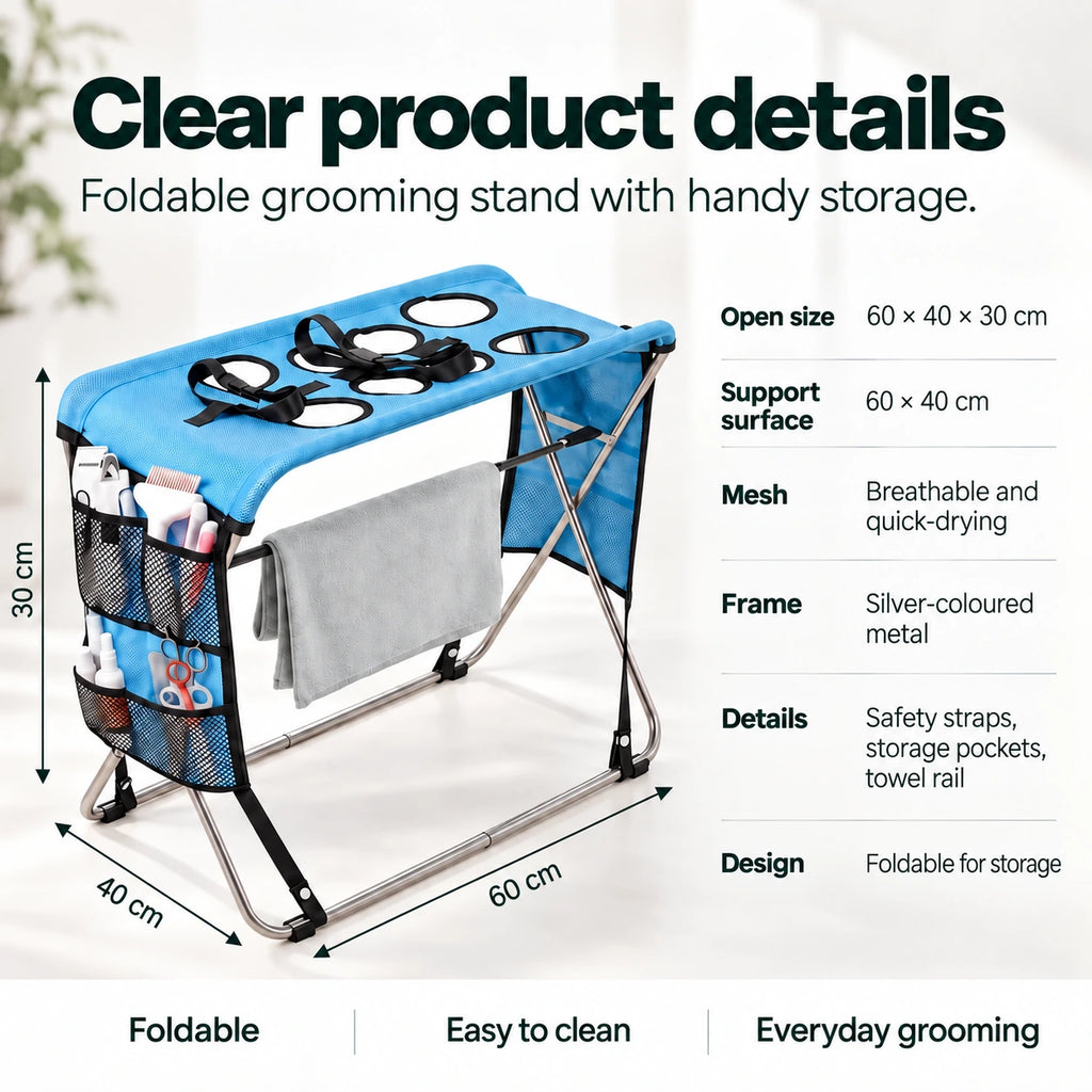 TailCare Pet Grooming Stand dimensions: approximately 60 by 40 by 30 cm, with mesh and storage pockets