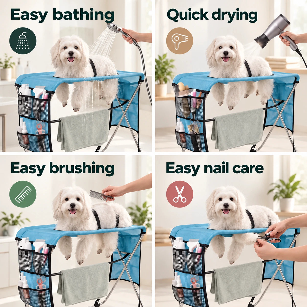 Four TailCare grooming uses: bathing, drying, brushing and nail care