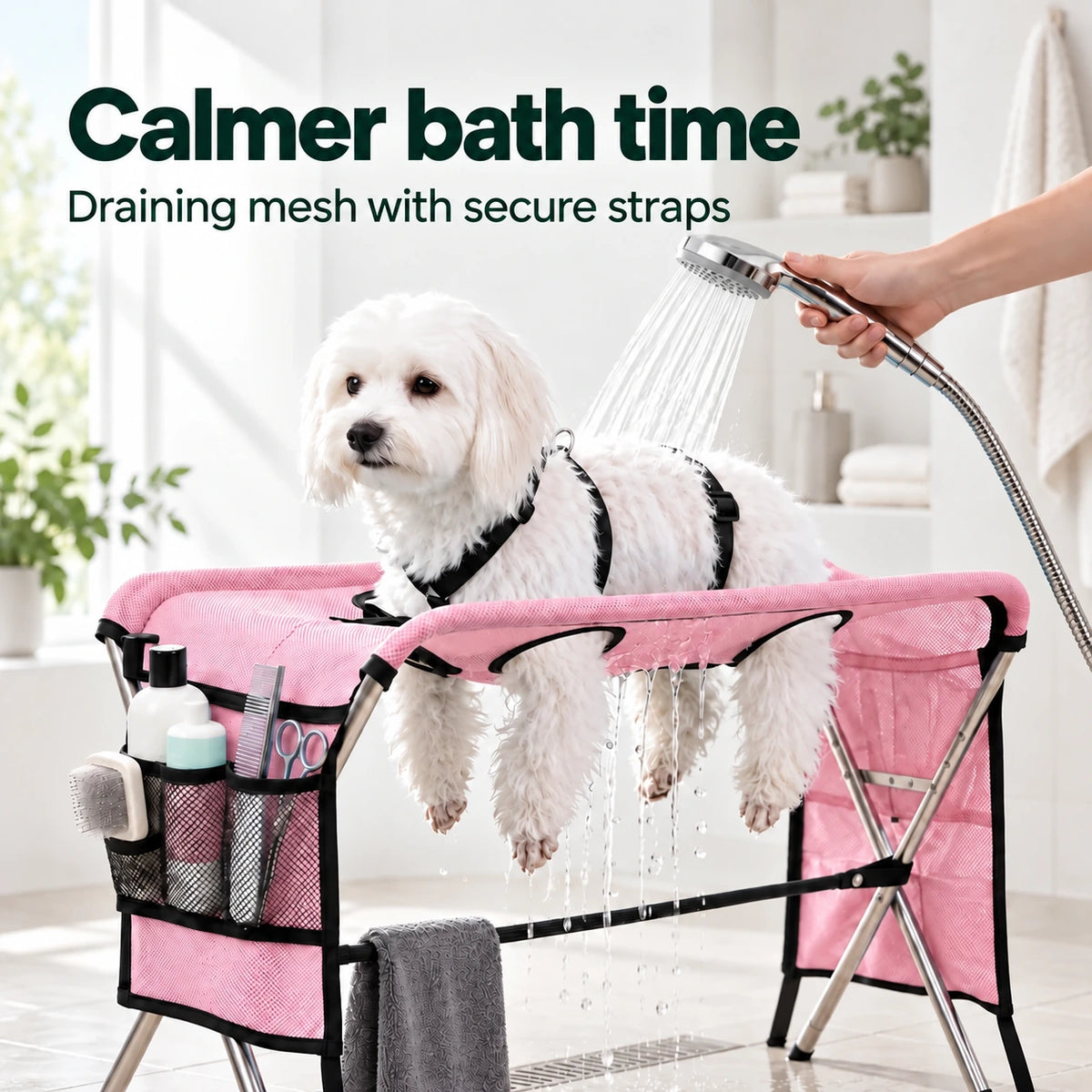 Calm dog bathing on the pink TailCare stand with draining mesh