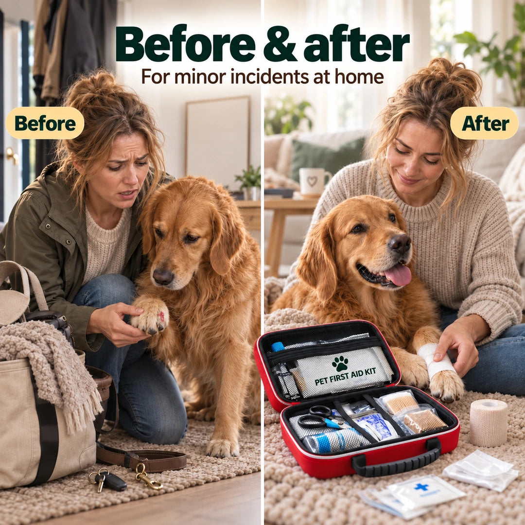 Before and after minor incident preparation with the TryggPet Pet First Aid Kit